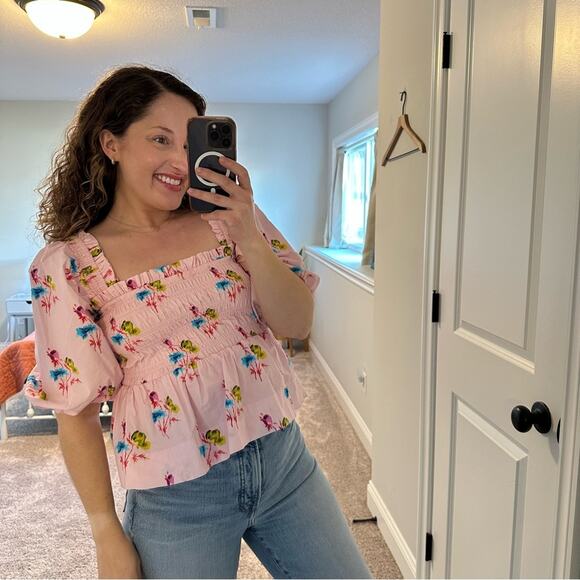 GANNI Pink Floral Cotton Smocked Square Neck Top Blouse Small - Picture 4 of 11